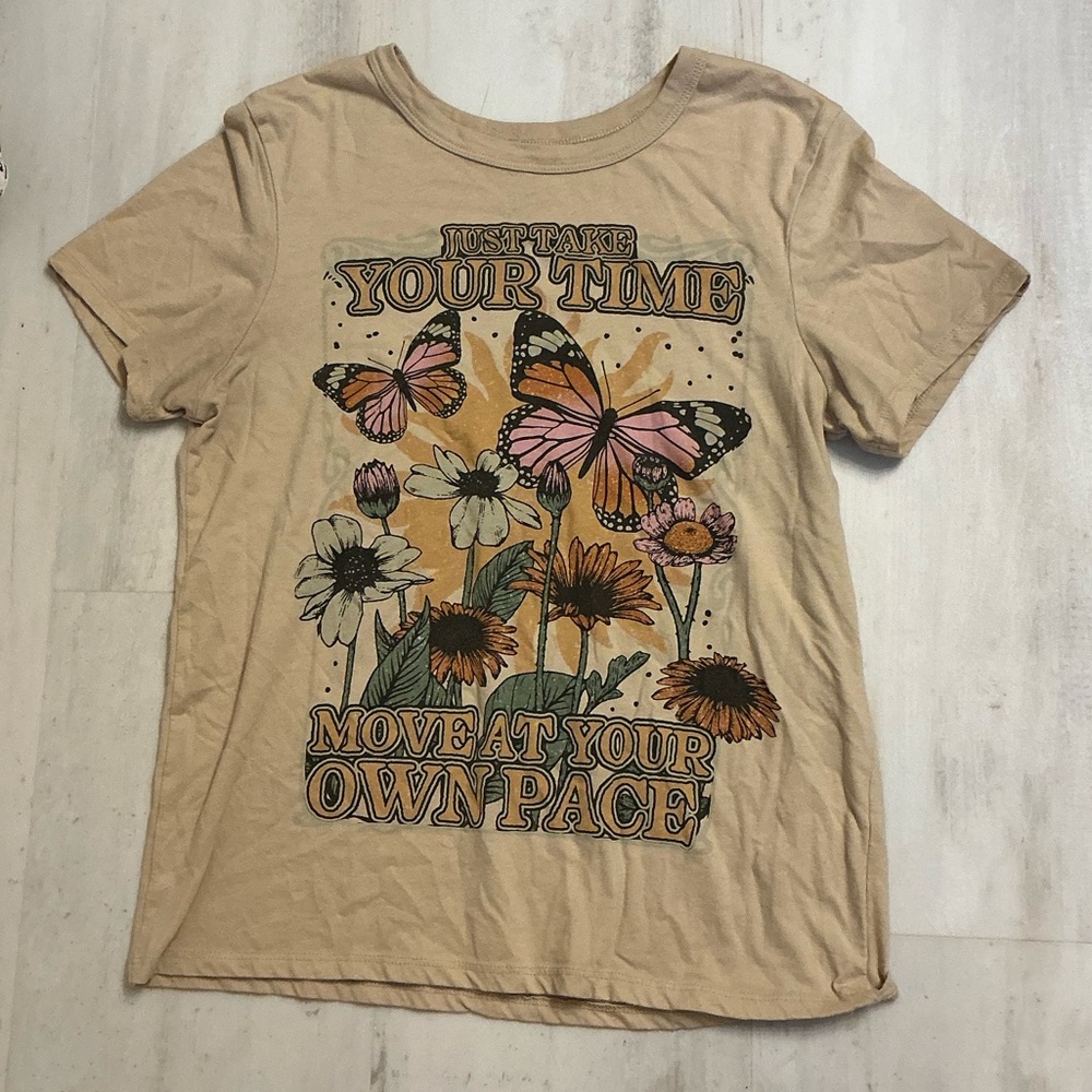 Zoe + Liv Tan Graphic Tee with Butterfly and Floral Design